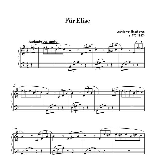 Beethoven - Fur Elise (Easy Piano) sheet music ,Classical music, Music score, digital music score, pop piano songs