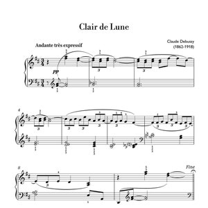 Debussy - Clair de Lune (Easy Piano) sheet music ,Classical music, Music score, digital music score, pop piano songs