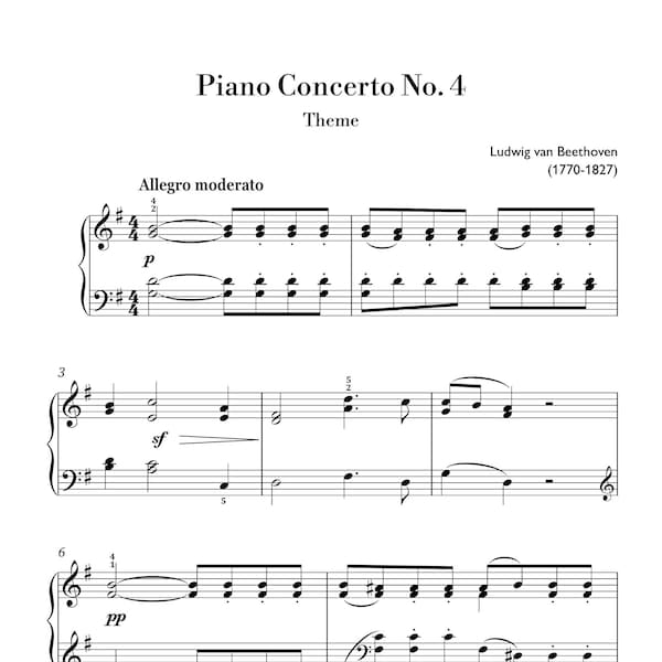 Beethoven - Piano Concerto No. 4 (Easy Piano) sheet music ,Classical music, Music score, digital music score, pop piano songs