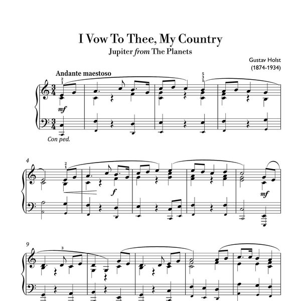 Holst - I Vow to Thee, My Country (Easy Piano) sheet music ,Classical music, Music score, digital music score, pop piano songs