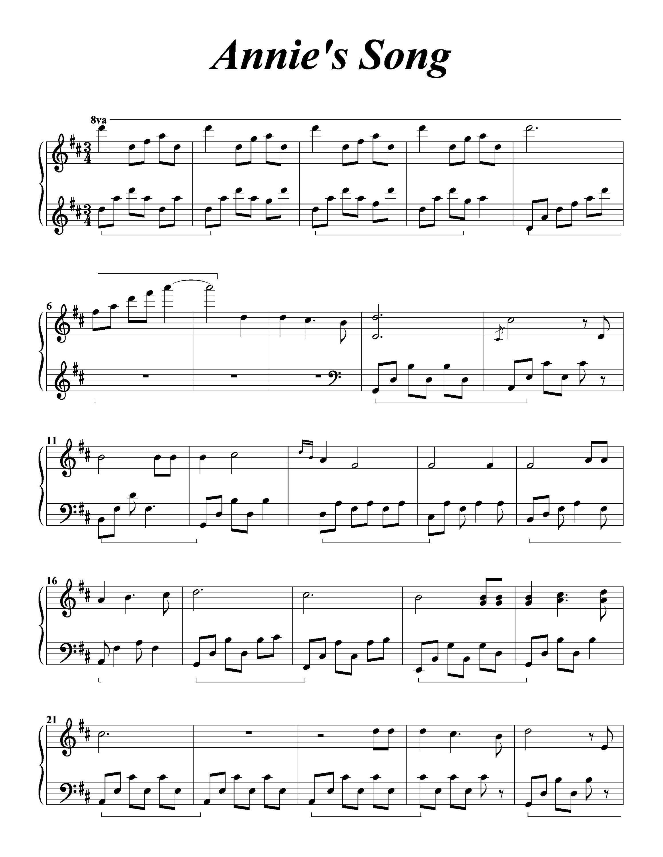 “Annie’s Song” sheet music product image on Etsy featuring a full-page view of the score