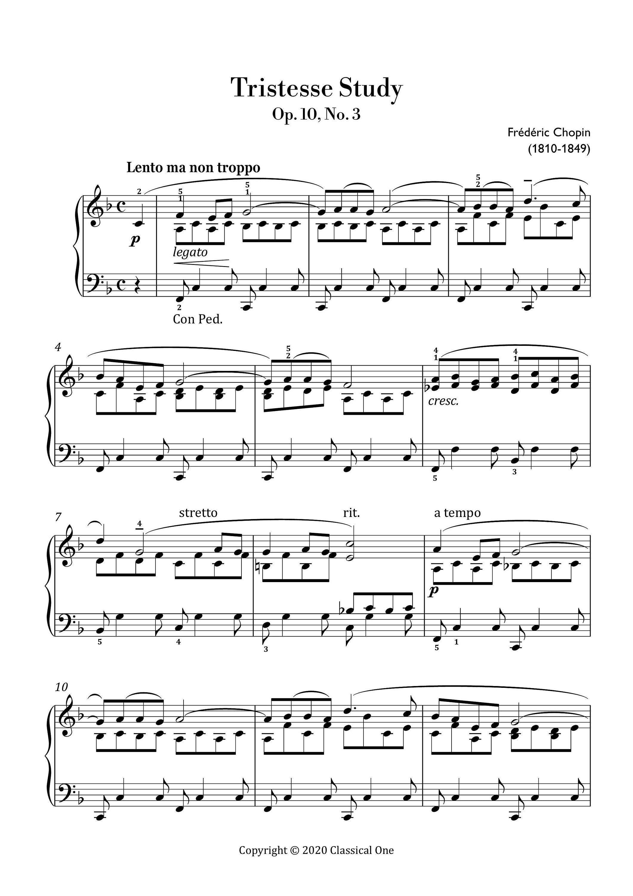 Chopin - Tristesse Etude (easy Piano) Sheet Music ,classical