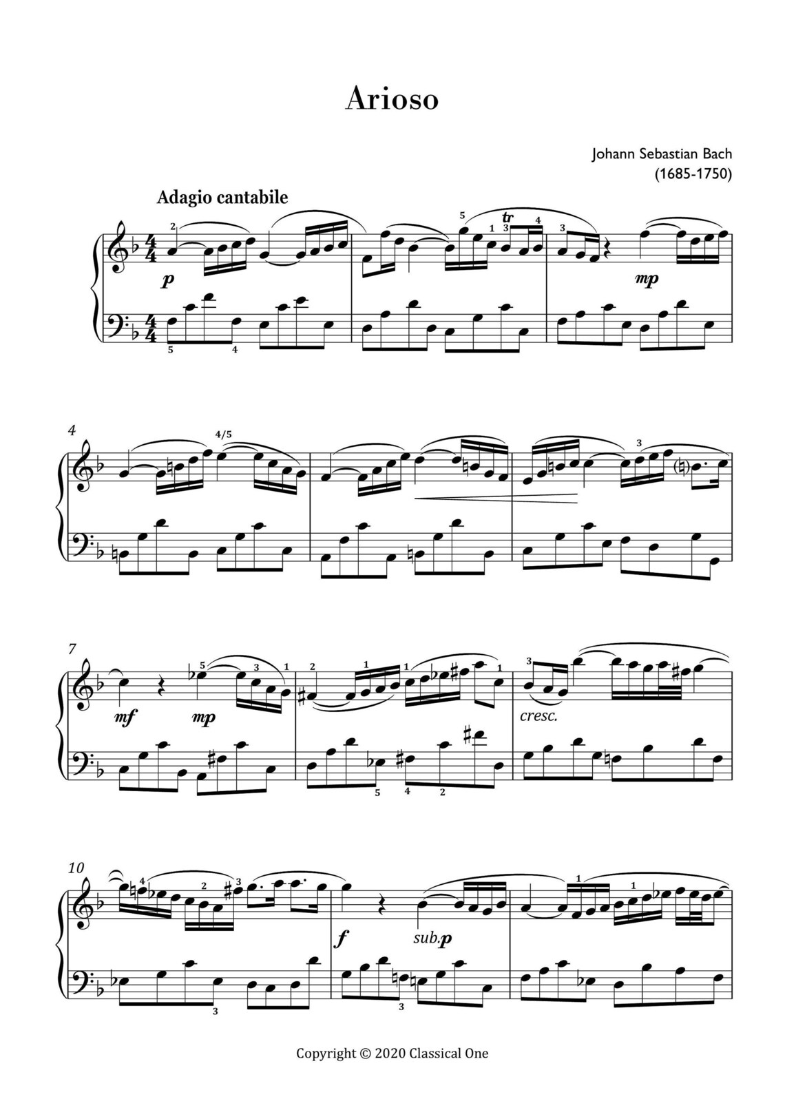 Bach Arioso easy Piano Sheet Music ,classical Music, Music Score