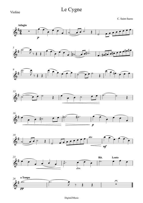 Saint sa ns swan for Violin and Piano Sheet Music classical Music