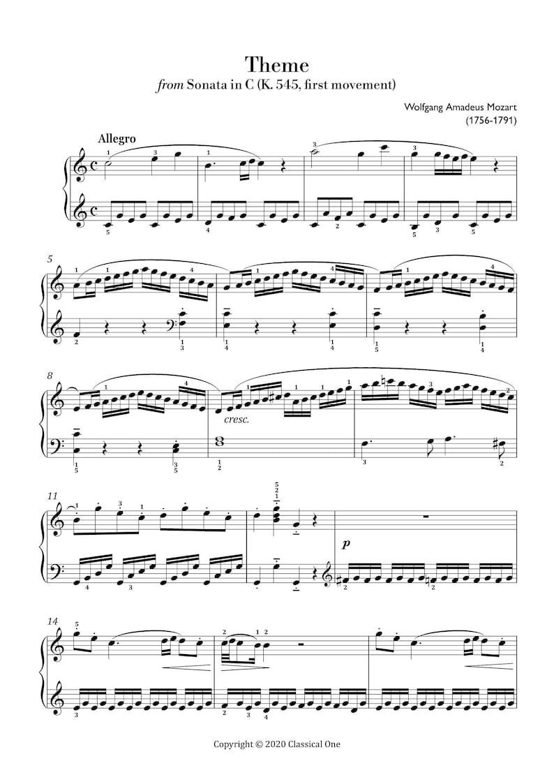 Mozart Sonata in C K.545 easy Piano Sheet Music ,classical Music, Music Score, Digital Music