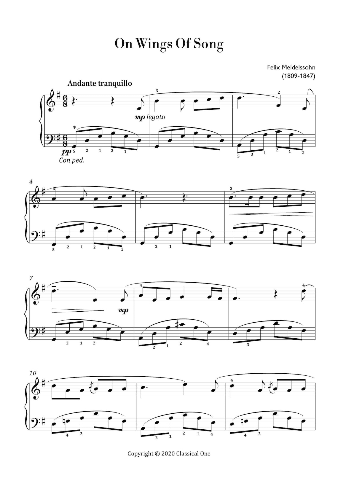 Mendelssohn - on Wings of Song (easy Piano) Sheet Music ,classical ...