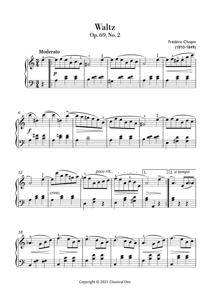 Chopin - Waltz Op.69, No.2 (easy Piano) Sheet Music ,classical Music ...