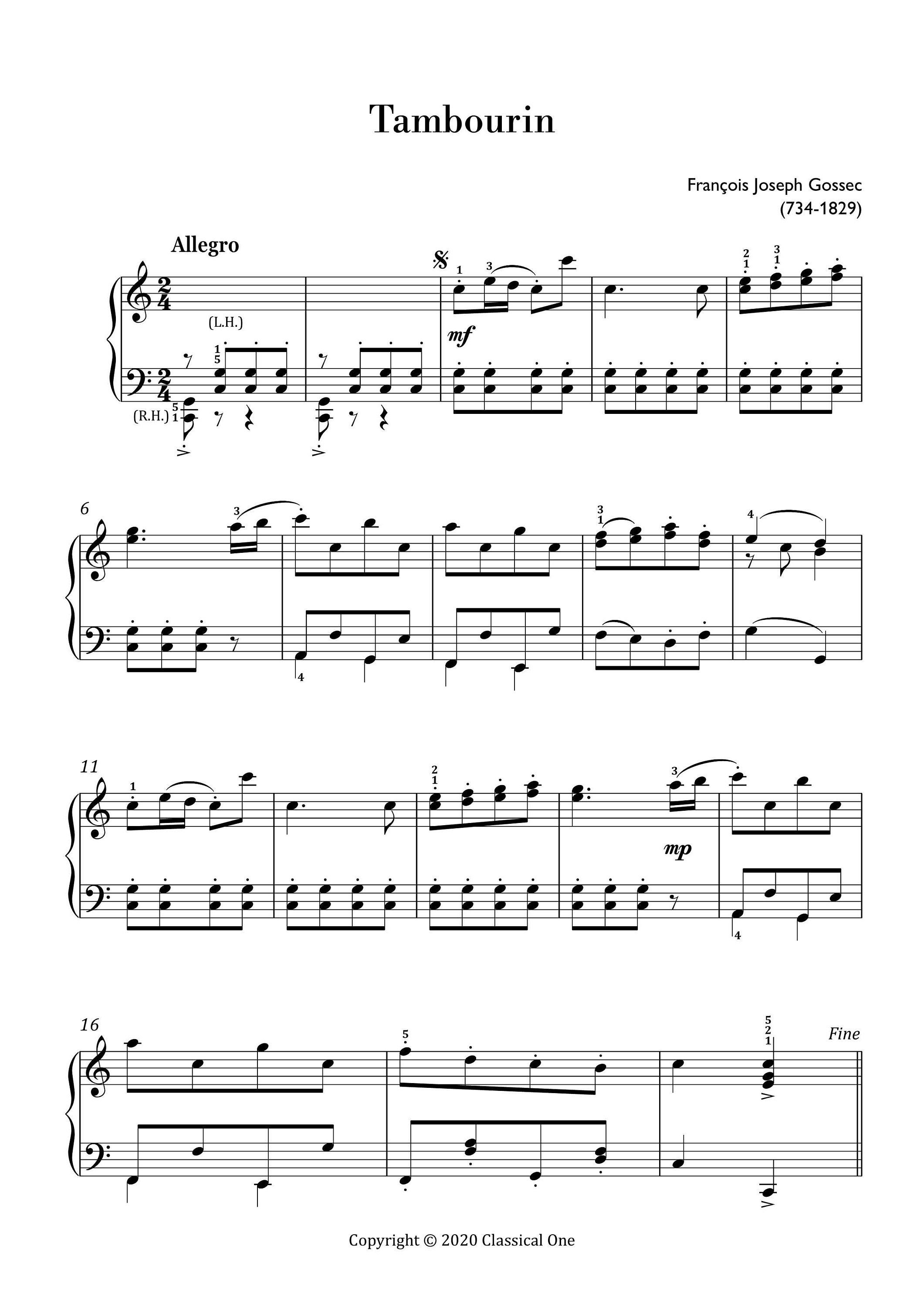 Gossec Tambourin easy Piano Sheet Music classical Music Etsy