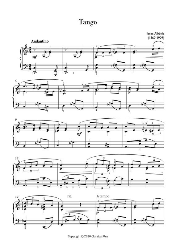 アルベニス - タンゴ（簡単ピアノ）楽譜、クラシック音楽、楽譜