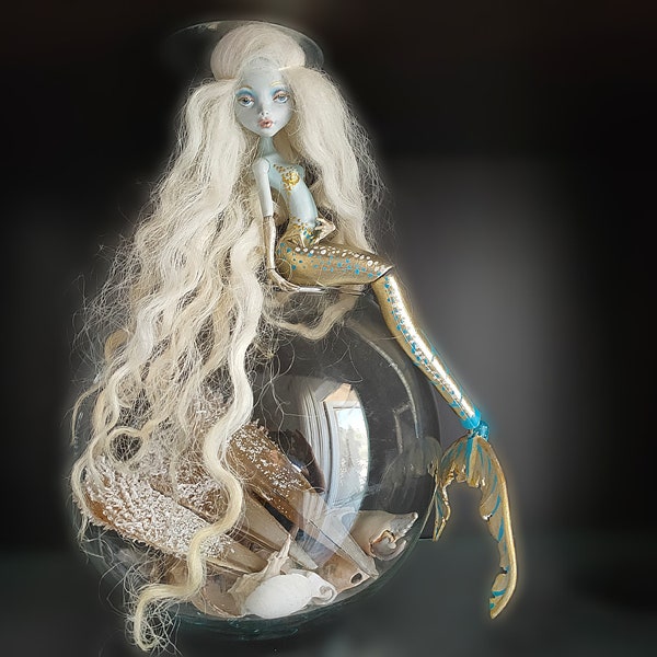 White Gold Mermaid Ooak Doll , Repaint Custom Mermaid