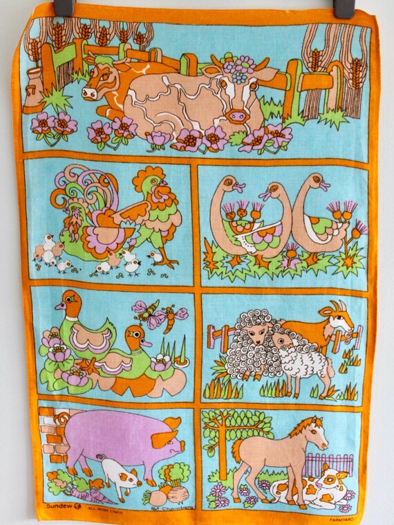 Vintage Tea Towel by Pat Chambers for Sundew - Irish linen - Farmyard Animals