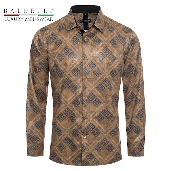 Men's Fashion Dress Shirt - Elegant Greek motif pattern  - Baldelli-CX008 Khaki