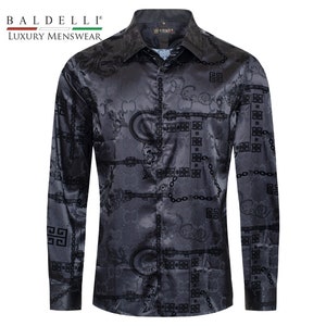 Men&#39;s Fashion Satin Dress Shirt - Baldelli-3302 Black Meander and chains Overlay