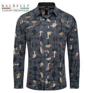 Men&#39;s Fashion Dress Shirt Metallic Grey with a Metalllic Gold to black fade Overlay Modern Greek Meander Pattern- 2023 CX by Baldelli