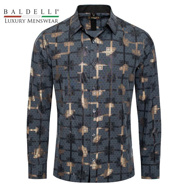 Men's Fashion Dress Shirt Metallic Grey with a Metalllic Gold to black fade Overlay Modern Greek Meander Pattern- 2023 CX by Baldelli