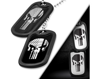 Punisher/USA Flag men&#39;s Twin dog tags -  Stainless Steel - Chain & Silencer Included ideal