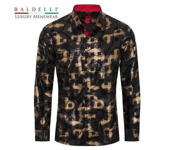 Men's Fashion Dress Shirt - Elegant Black with Metallic Fade, Chains and Greek Key Circles overlay - Baldelli-FF00416 Black