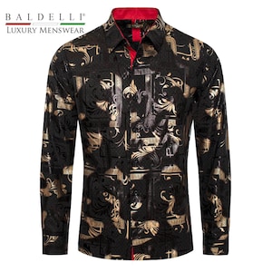 Men&#39;s Fashion Shirt Metallic Gold Overlay Meander/Flourishes  Pattern- Baldelli-2035-Black