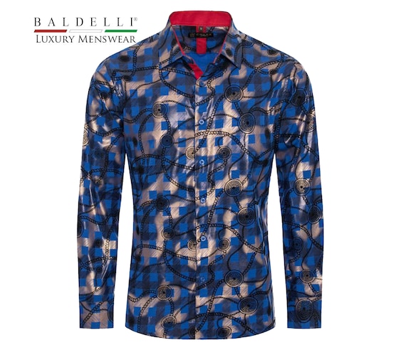 Men's Fashion Dress Shirt - Elegant Royal Blue With Metallic Fade, Chains  and Greek Key Circles Overlay - Baldelli-ff00416 Royal Blue - Etsy