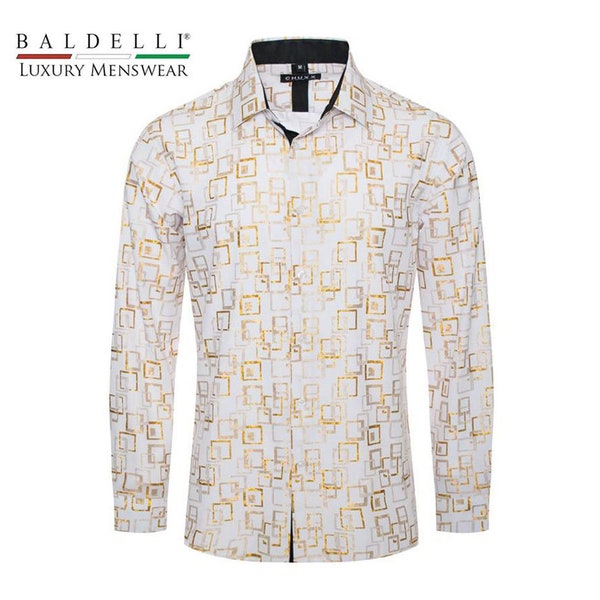 Men's Fashion Shirt Popular Metallic Gold Pattern- Baldelli-FL-2421-White