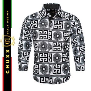 Boys High Fashion Button-down Long Sleeve Shirt Black & White Geometric Print