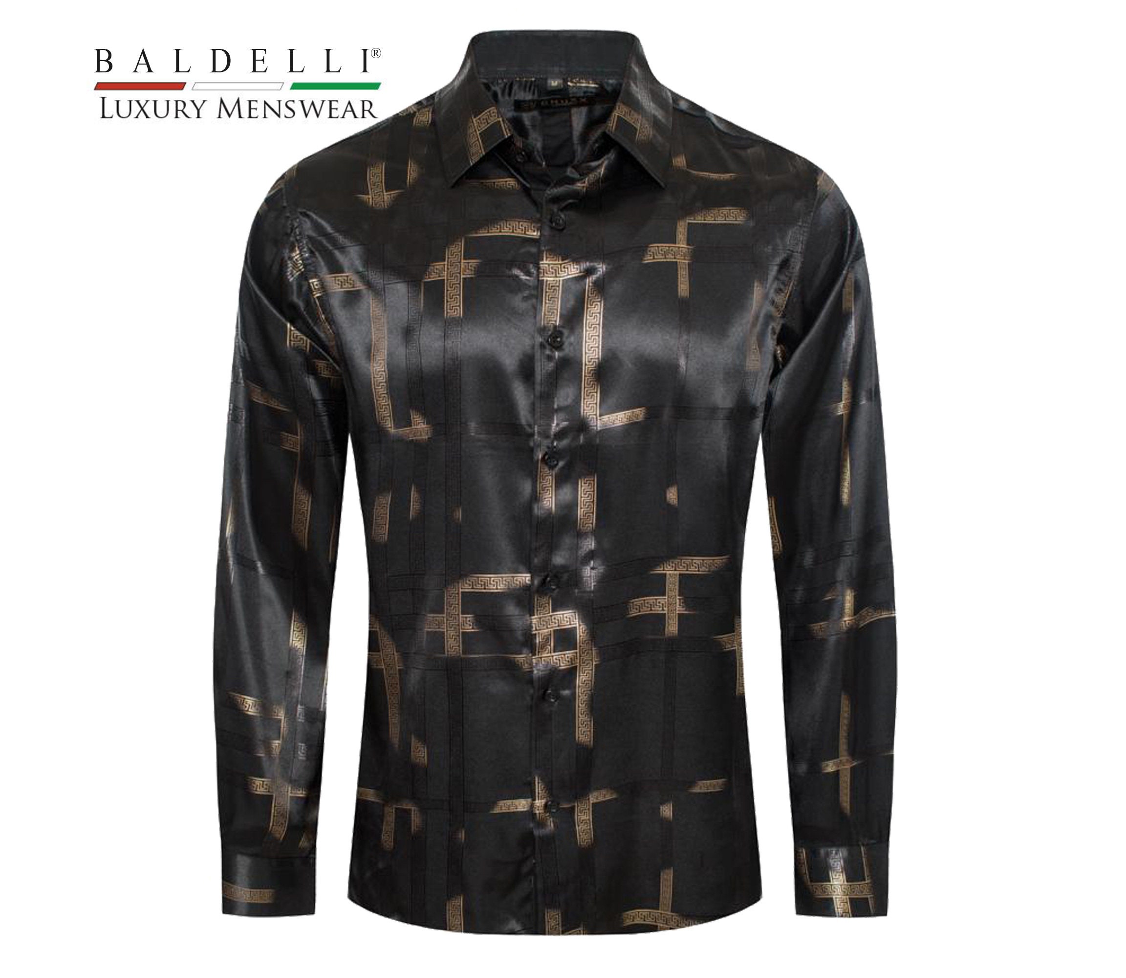 black and gold dress shirts for men Black Gold Baroque Long Sleeve Men Button Up Shirt, Vintage Retro Print Male Casual Dress Casual Buttoned Collared with Chest Pocket M