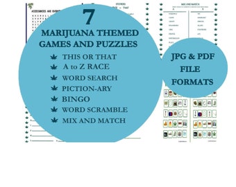 Stoners Activities, Marijuana Fun and Games, Puzzles, Bingo, Piction-ary, Word Search, Word Scramble, This or That, Mix and Match, Party