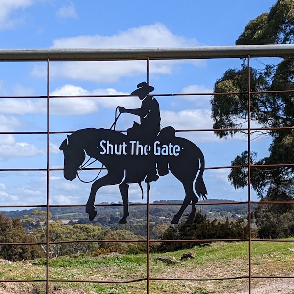 Stock Horse With Rider Decorative Steel | Rustic Metal Shut the Gate Sign | Farm Property | Friesian | Custom Laser Cut Australia