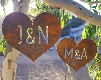 Corazón de acero con monograma, decoración del hogar, decoración de jardín, idea de regalo para San Valentín, aniversario, compromiso, boda, metal cortado con láser