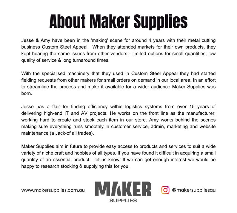 Puede incluir: Texto negro sobre fondo blanco. El t&iacute;tulo "About Maker Supplies" est&aacute; en negrita. El texto describe la historia, los servicios y los objetivos de la empresa, incluyendo un sitio web y una cuenta de redes sociales.