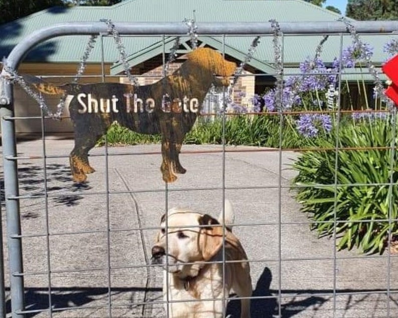 Labrador Golden Flat Coat Retriever Dog Silhouette, Shut the Gate Sign, Outdoor Rustic Metal, Laser Cut, Custom Made in Australia image 2