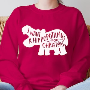 I want a hippopotamus for Christmas svg design for shirt, mug, pillow, artprint, hand letter design, png, eps, dxf, svg cut file for Cricut