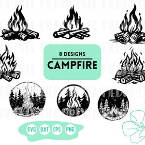 8 designs of Campfire Clipart, Camping Svg cut file, Campfire Outlines, Happy camper for outdoor camp png, eps, dxf, svg cut file for Cricut