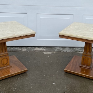 2 MCM Walnut Marble Table
