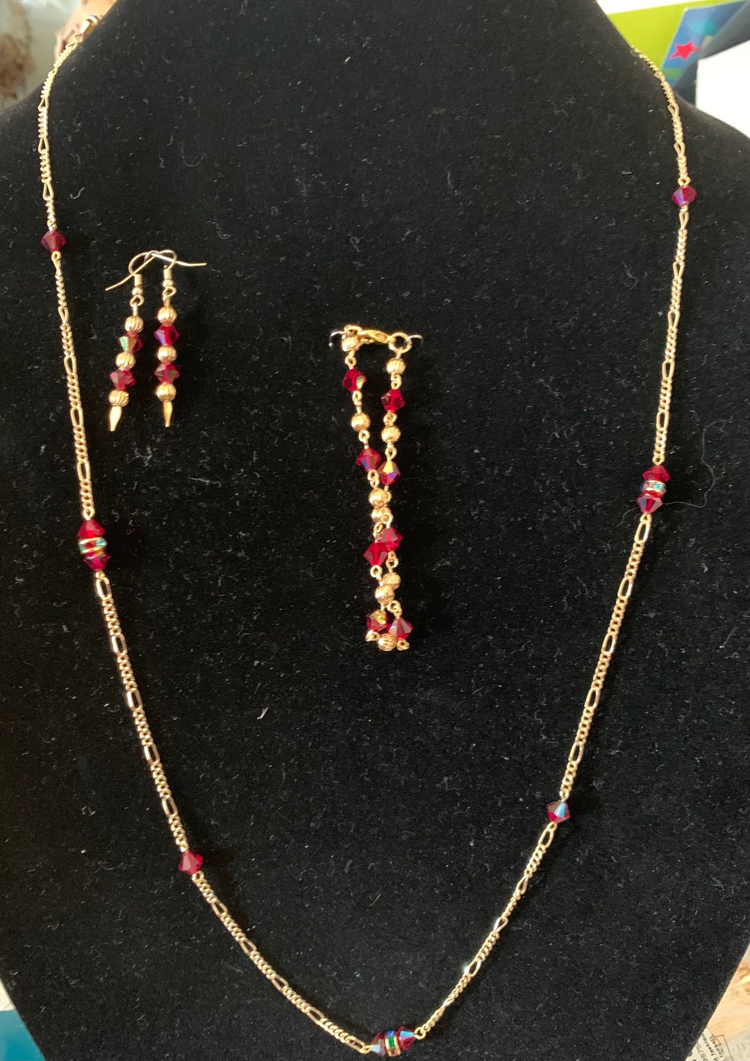 Red Crystal and Gold Filled Earrings, Necklace and Bracelet Set Etsy