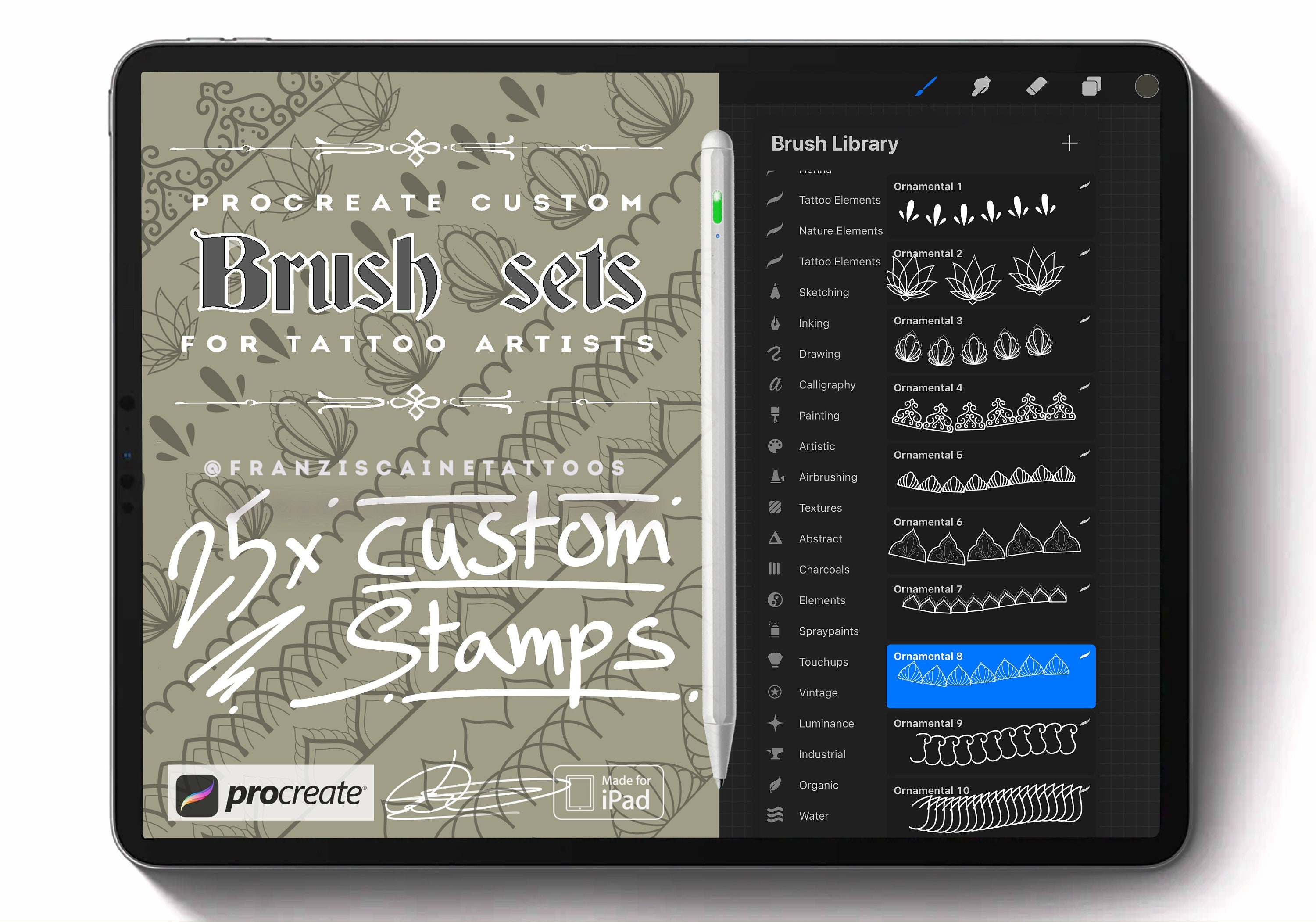 25 pinceles de patrones ornamentales para Procreate — Set mandala y geométrico para tatuaje y arte digital