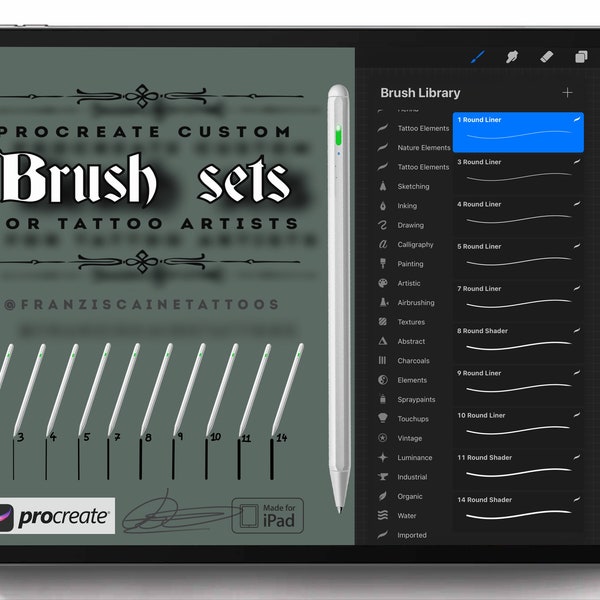 Juego de pinceles Procreate 10x - Pinceles de revestimiento Procreate del tamaño de una aguja de tatuaje