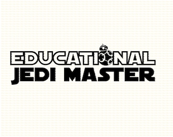 May include: Black and white graphic text that reads "EDUCATIONAL JEDI MASTER" with a black and white illustration of a robot character in the middle of the word "EDUCATIONAL".