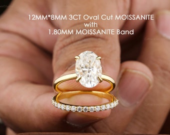 3CT Oval Moissanite Engagement Ring Set, 18k Yellow Gold Bridal Ring Set, Half Eternity Wedding Ring Set,Valentine Ring Set Gift for Her ZEN