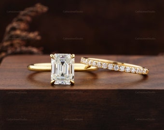 Juego de anillos de compromiso de moissanita esmeralda de 2,50 CT, juego de anillos de oro de 10k 14k 18k, juego de anillos de boda, juego de anillos de novia, regalo de San Valentín para ella