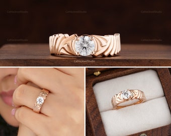 5.5MM Round Moissanite Ring, 10k 14k 18k Rose Gold Ring, Unisex ring, Wedding Engagement Anniversary Ring Propose for Christmas Gift Zen