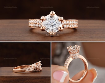 Round Moissanite Crown style Engagement Wedding Ring for queen, Bridal Pave Shank, 10k 14k 18k Rose Gold Ring for Women, Christmas Ring