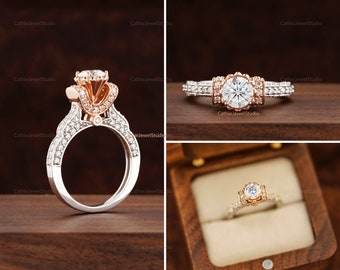 1CT Round Moissanite Engagement Wedding Rings for Bridal, Cathedral Ring for Women, Vintage Inspired Queen 10k 14k 18k Rose Gold Ring Zen