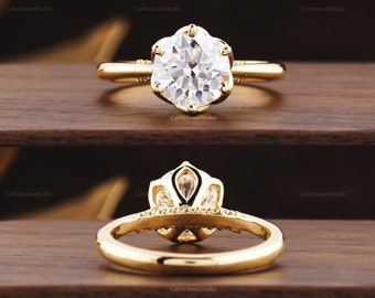 14k yellow Gold Bridal Ring 10k 18k gold Engagement ring Round Solitaire Moissanite Engagement Ring gift For her