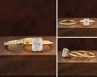 10k 14k 18k Yellow White Rose Gold Radiant Moissanite ring set, engagement wedding anniversary ring set for bride Aelius
