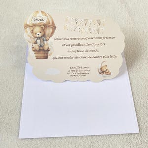 Carte remerciement baptême-anniversaire personnalisée ourson montgolfière
