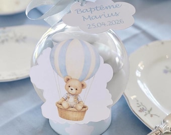 Boîte dragées boule montgolfière ourson personnalisée – contenant baptême –Cadeau invités anniversaire – boîte garçon – Unmomentunique