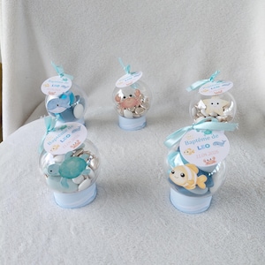 Boîte à dragées mer boule personnalisée-anniversaire-baptême-modèle au choix baleine-tortue-poisson clown-étoile-crabe