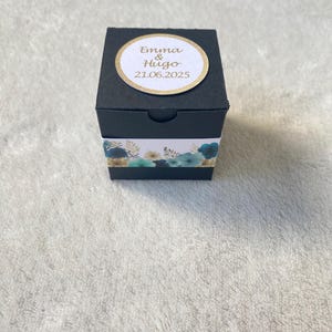 Boîte à dragées noir-dorée-turquoise-fleurs personnalisée-mariage-anniversaire-baptême-retraite
