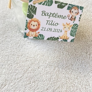 Op de afbeelding: Een klein glazen potje met een kurken deksel en een bevestigd label. Het label is wit met groene bladeren en dierillustraties. De tekst op het label luidt "Baptême Tilio 21.09.2024".